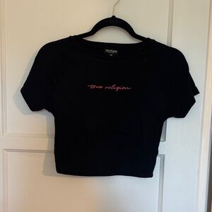 True Religion Black Crop Tee with Red Script Logo